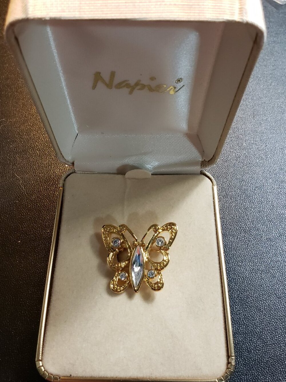 Vintage Napier Butterfly Brooch in Original Box Clear Rhinestones